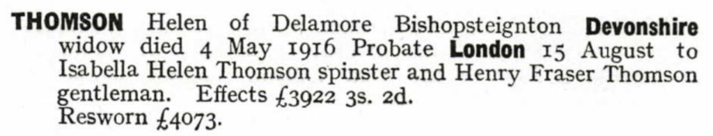 Death/Probate record for Helen Thomson of Delamore in 1916