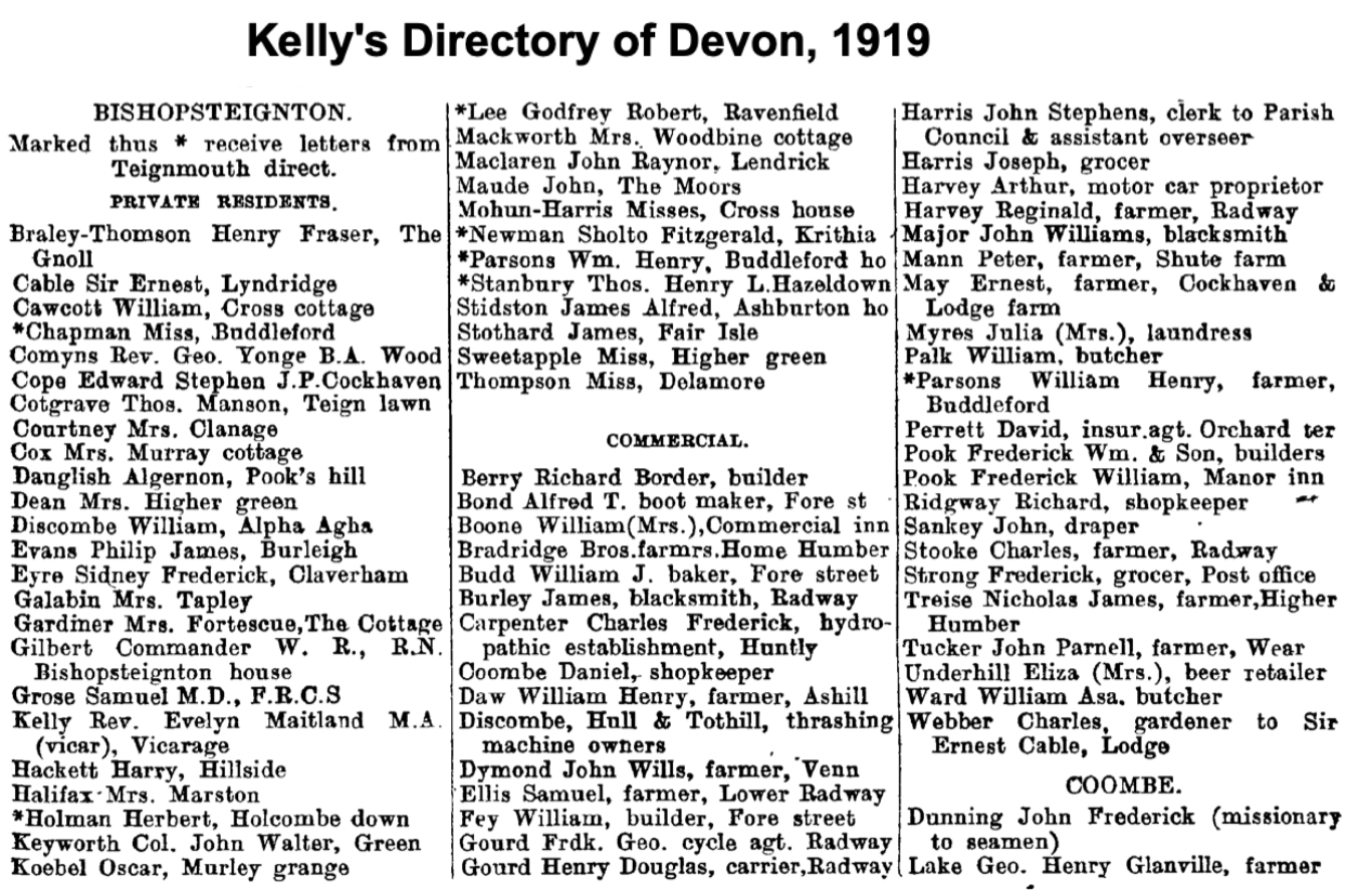 Kelly's Directory 1919 showing Henry Thomson at The Gnoll and a Miss Thomson at Delamore.