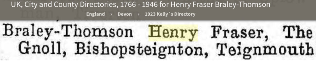 Kelly's Directory 1923 Record of Henry Braley-Thomson' at The Gnoll