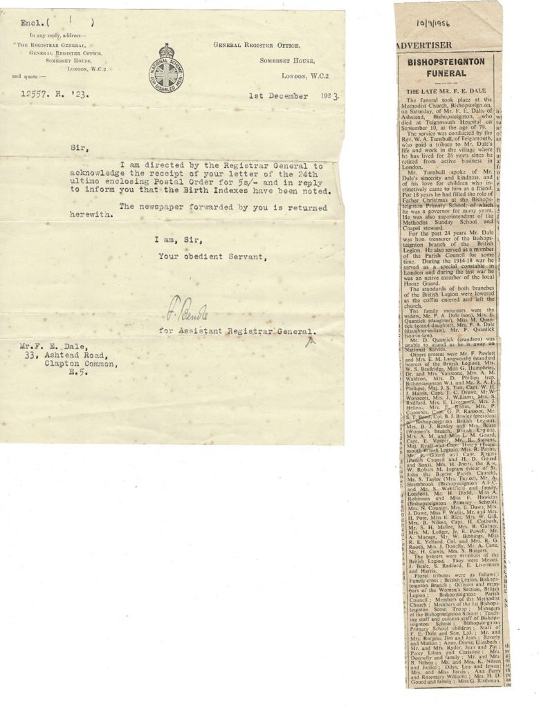 F E Dale death notice 1956, Official document 1923