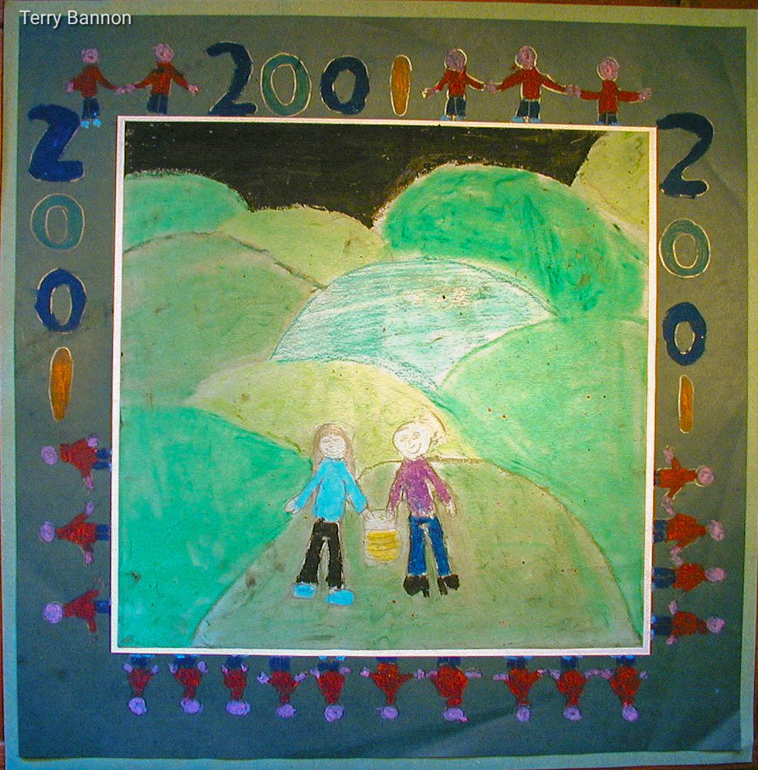 Two children holding a lantern with green rolling hills