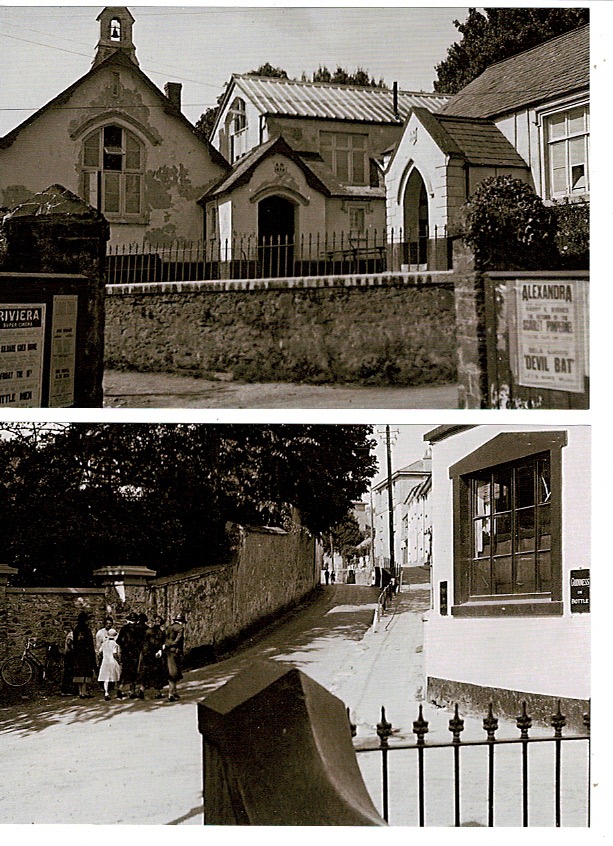 Bishopsteignton Primary School from the gates of Shute Farm, and a view of Fore St. From Cross Gate