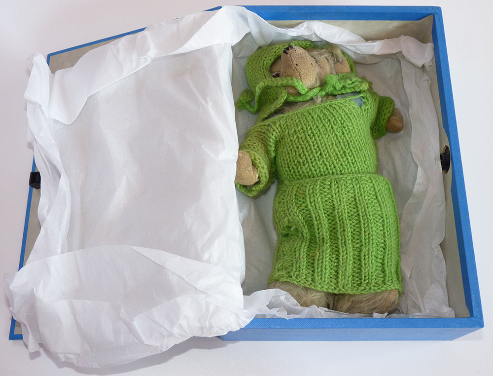 A photograph of a toy bear in a box with tissue.