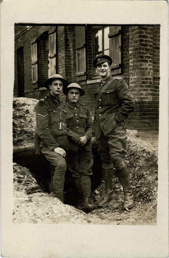 Photograph of Philip Coombe and two other soldiers 'Somewhere in France' in 1917.