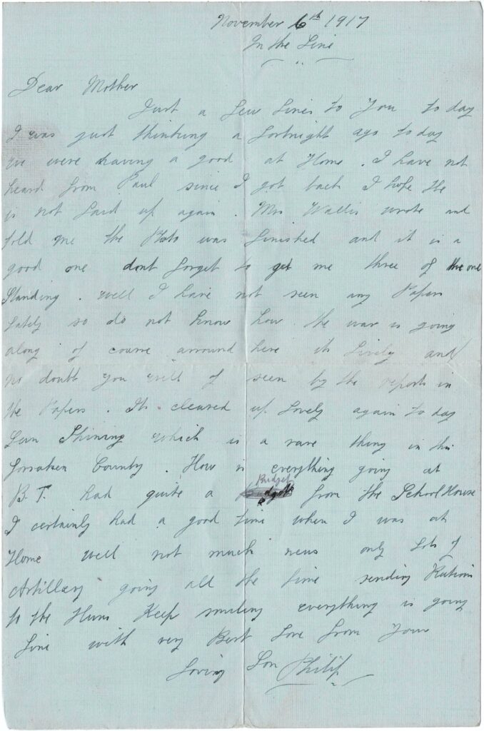 Letter from Philip Coombe to his mother Mary Coombe, 1917.