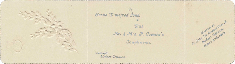 A wedding favour note from the marriage of Philip and Grace Coombe on March 10th, 1925.