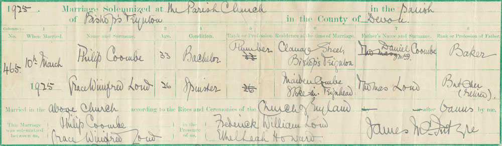 Part of the marriage certificate for Philip and Grace Coombe, 10th March, 1925.