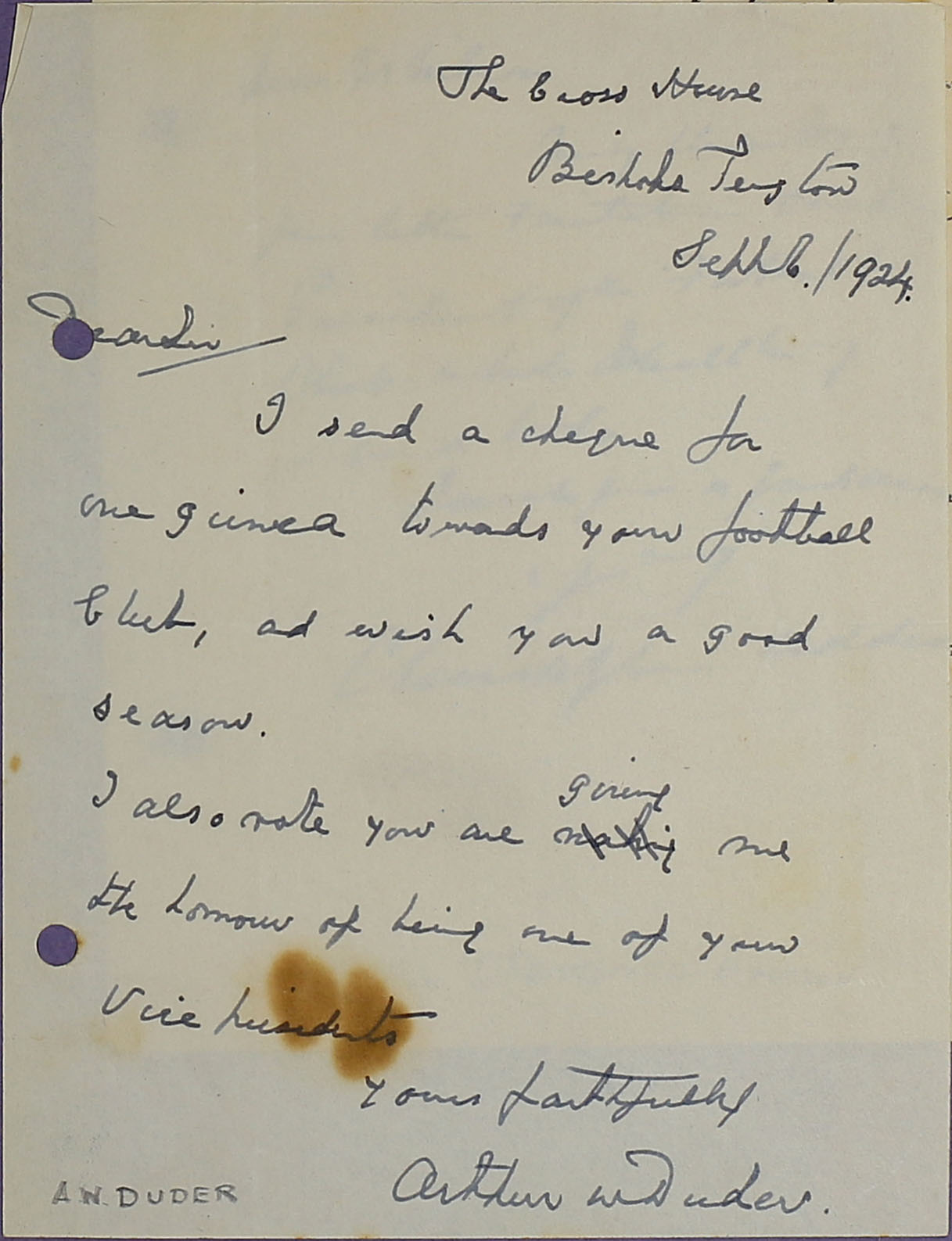 Letter from Arthur Duder possibly addressed to Nils Nilsen, 1924.