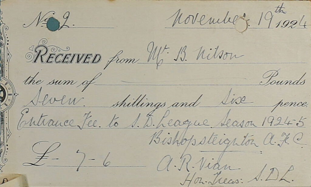 South Devon Football League Receipt, 1924