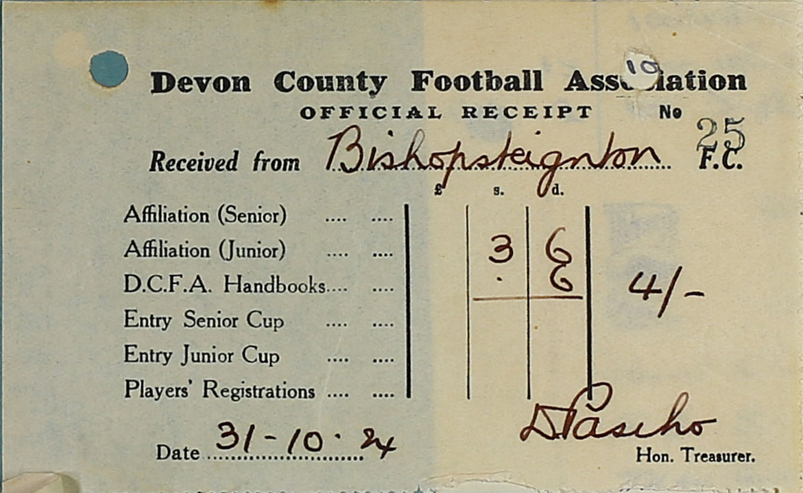 Devon County Football Association Receipt, 1924.