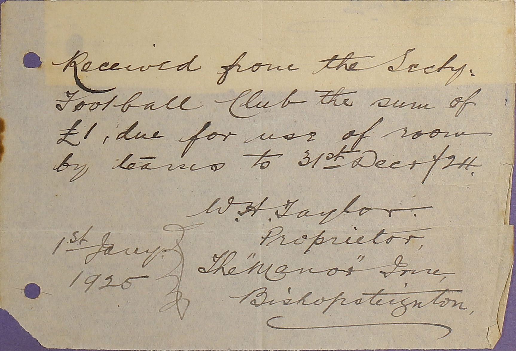 Receipt from The Manor Inn Bishopsteignton, 1925.