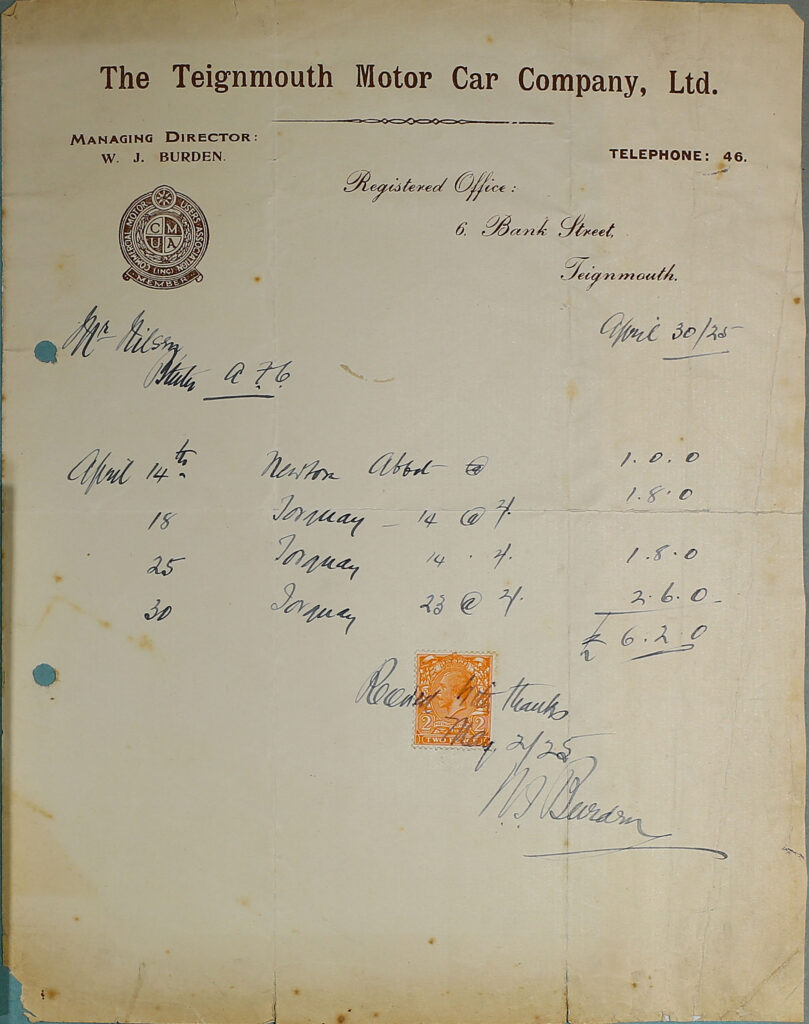 Teignmouth Motor Car Company Ltd. Receipt, 1925.