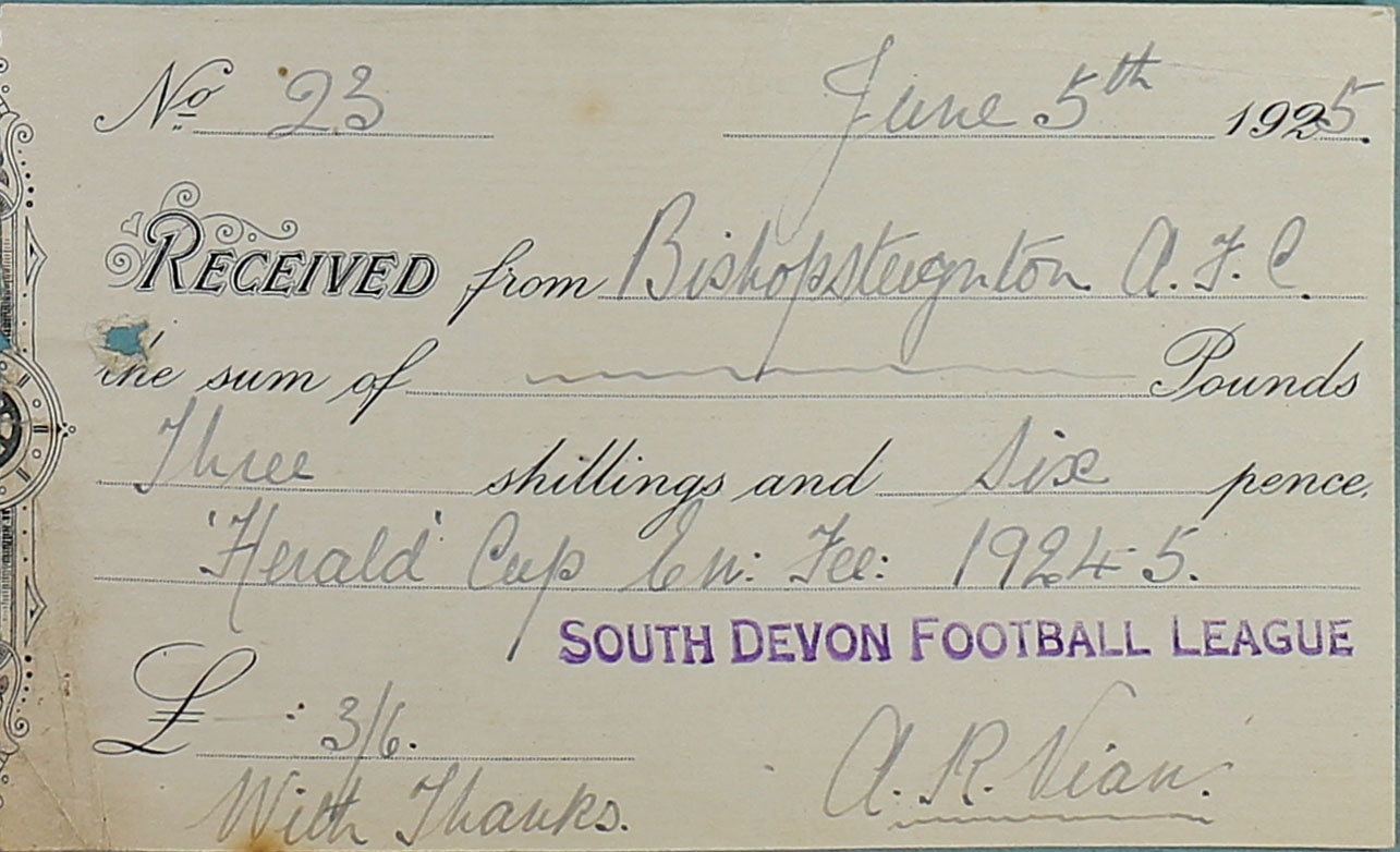 South Devon Football League Receipt, 1925.