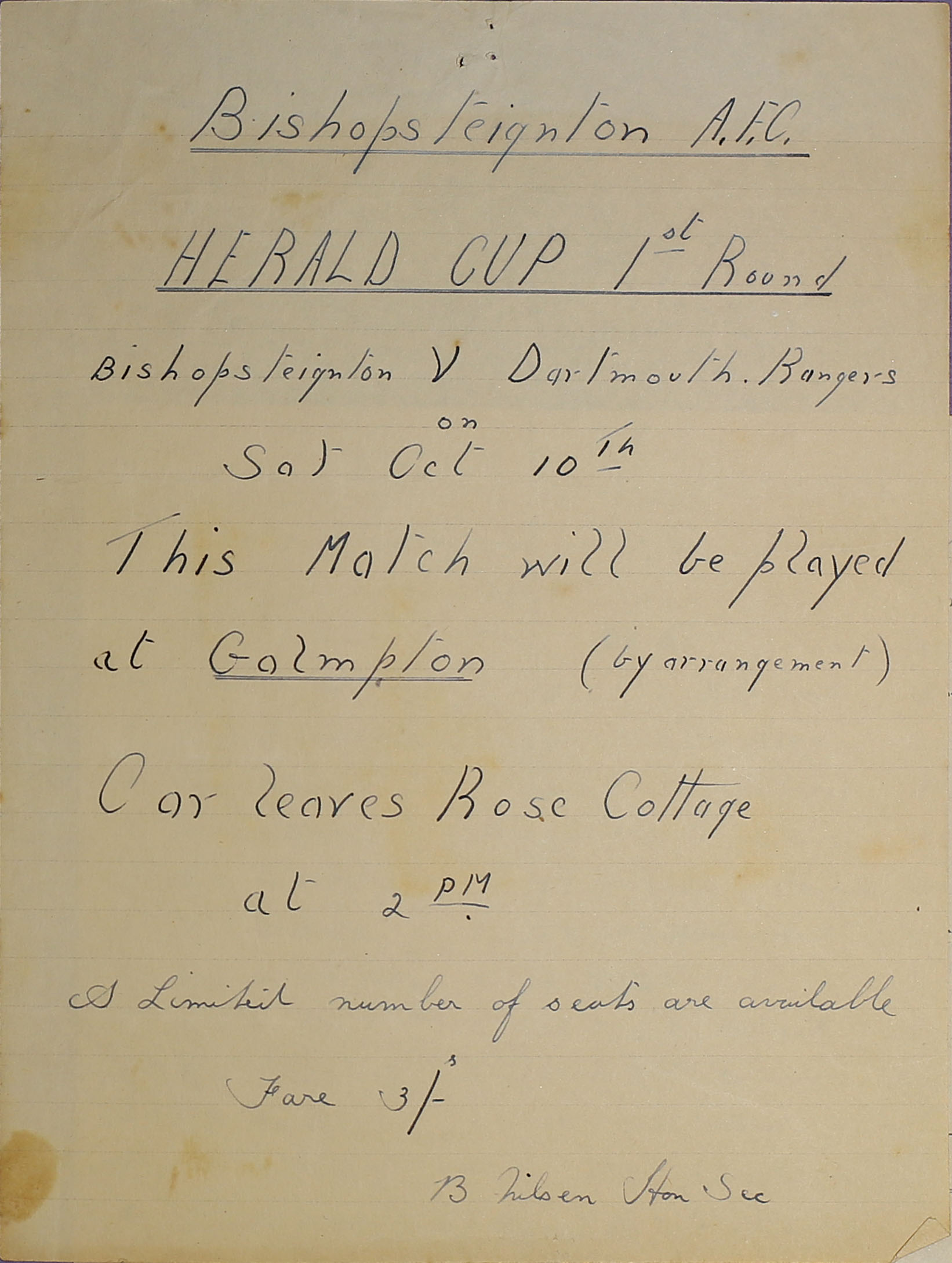 Bishopsteignton A.F.C Herald Cup 1st Round game poster.