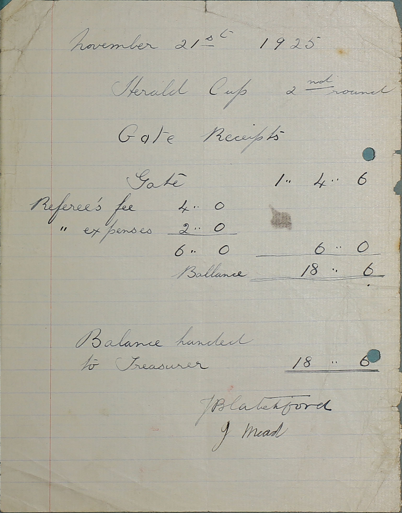 Herald Cup 2nd round Gate Receipts balance sheet, 1925.