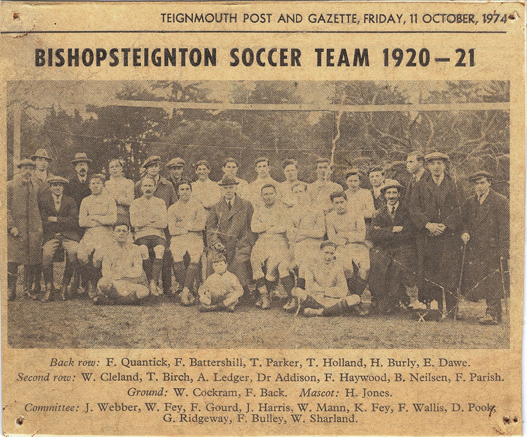 Mounted newspaper cutting of Bishopsteignton Soccer Team 1920-21.