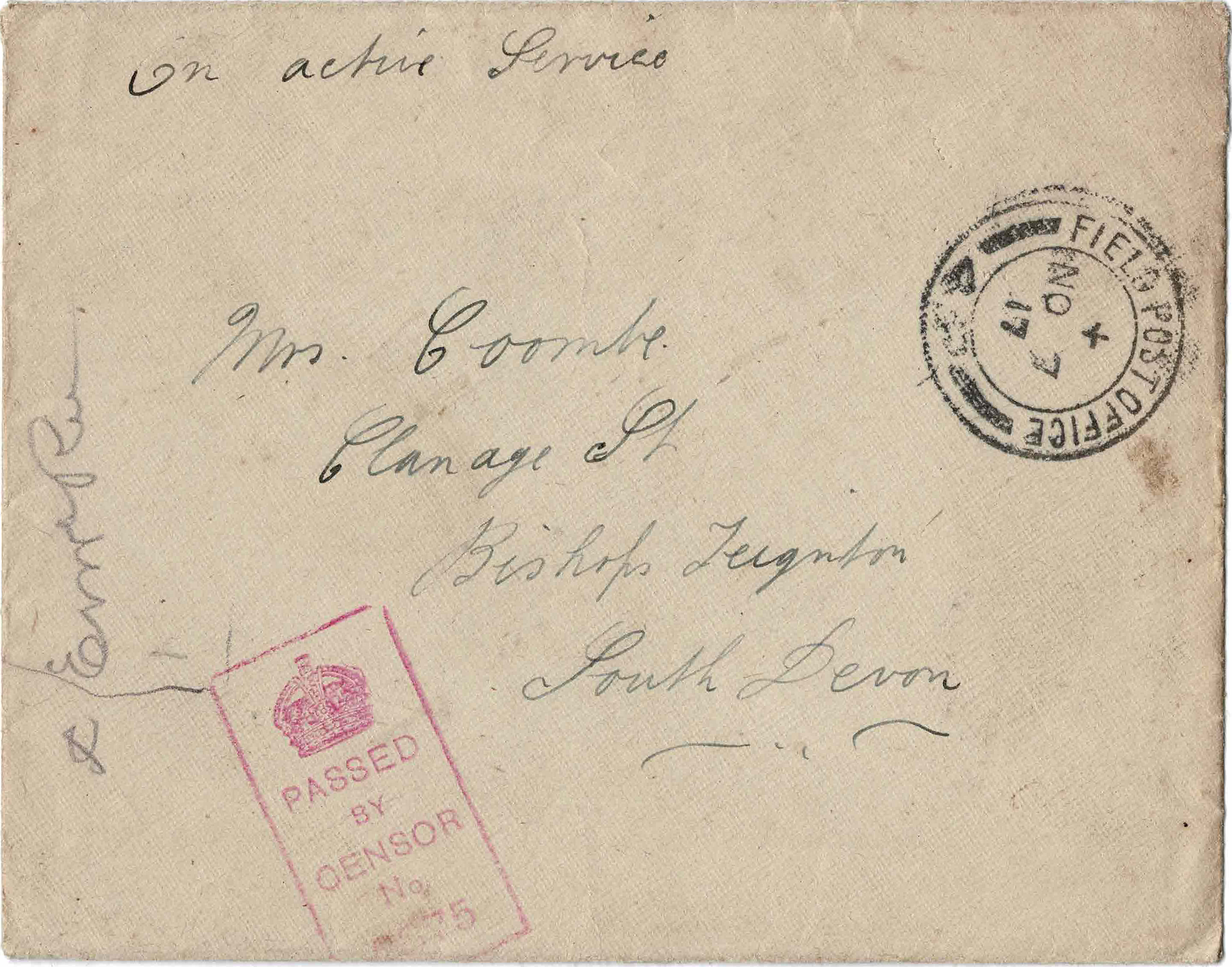 Envelope addressed to Mrs Coombe, contains letter