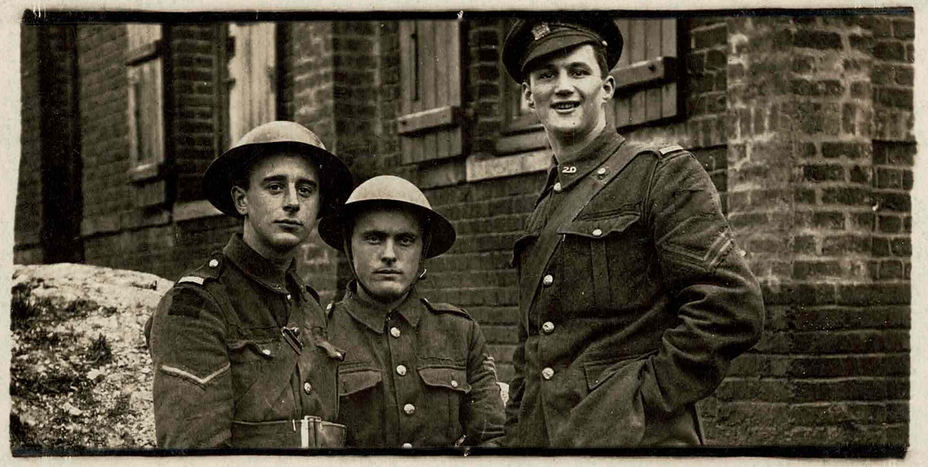 Photograph of Philip Coombe and two other soldiers in France, 1918.