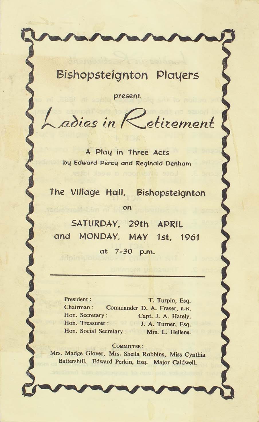 Leaflet for the play 'Ladies in Retirement' presented by the Bishopsteignton Players front