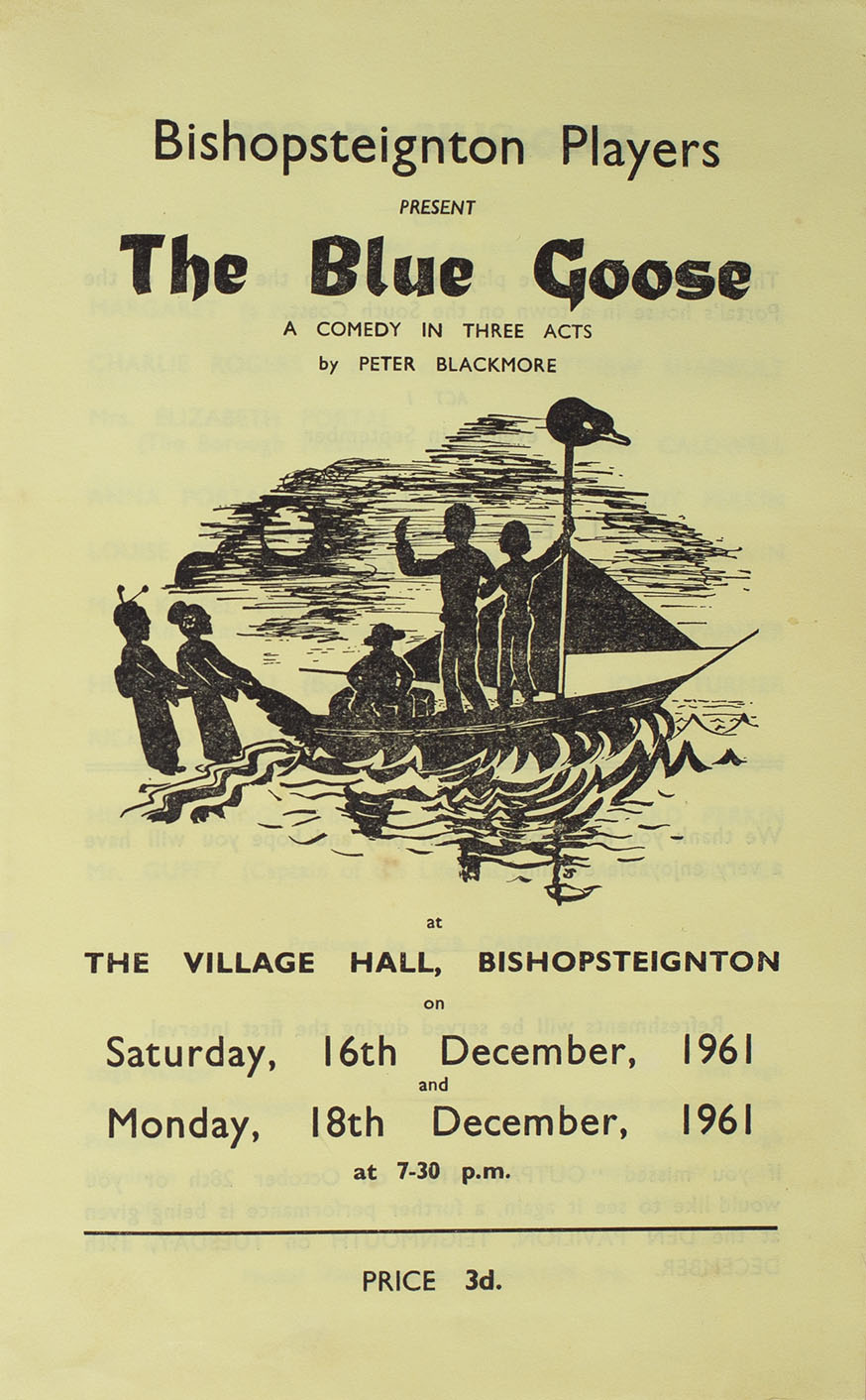 Leaflet to advertise the programme of the play 'The Blue Goose' presented by Bishopsteignton Players front