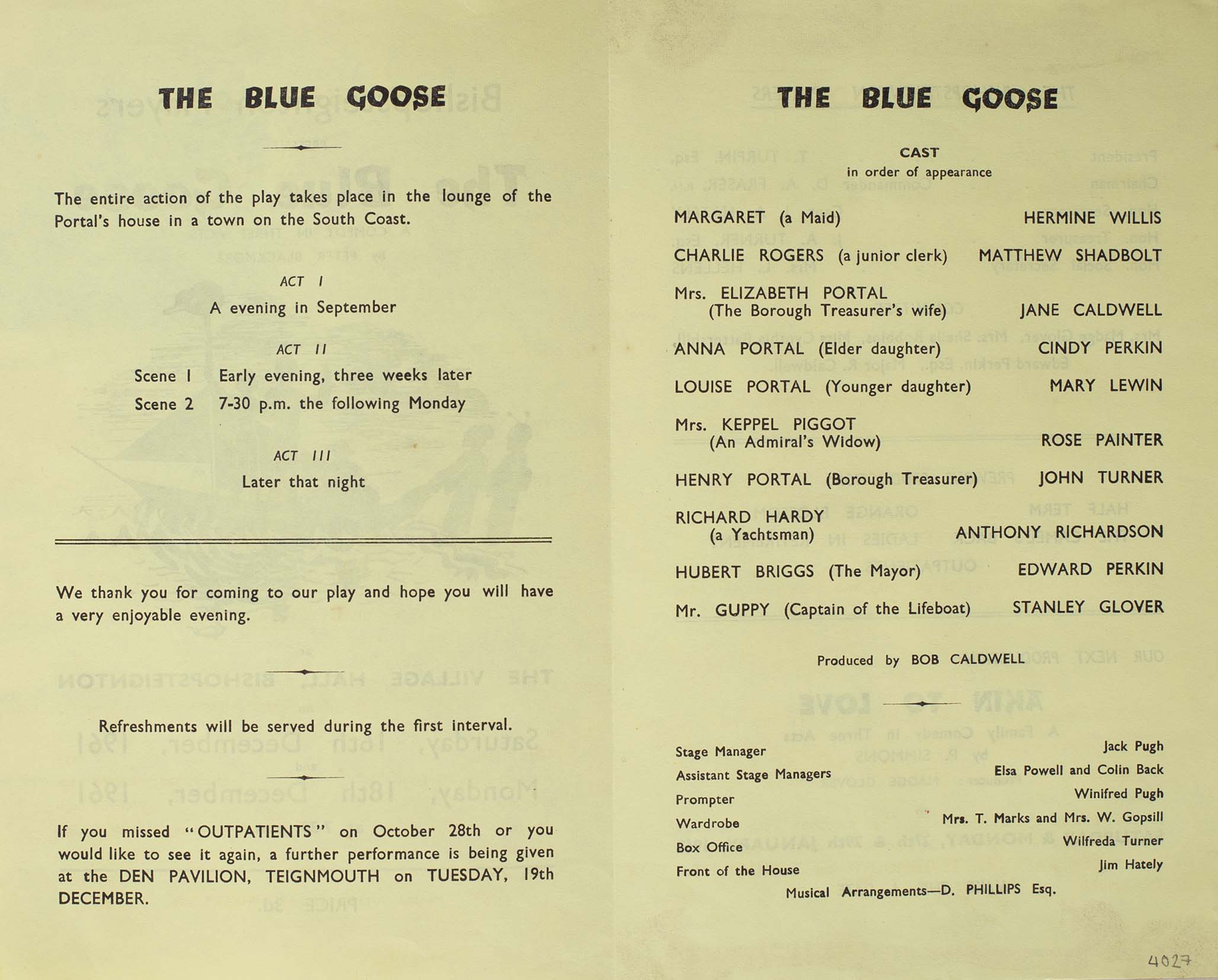 Leaflet to advertise the programme of the play 'The Blue Goose' presented by Bishopsteignton Players inside