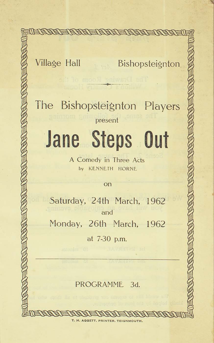 Leaflet to advertise the programme for the play 'Jane Steps Out' presented by the Bishopsteignton Players front