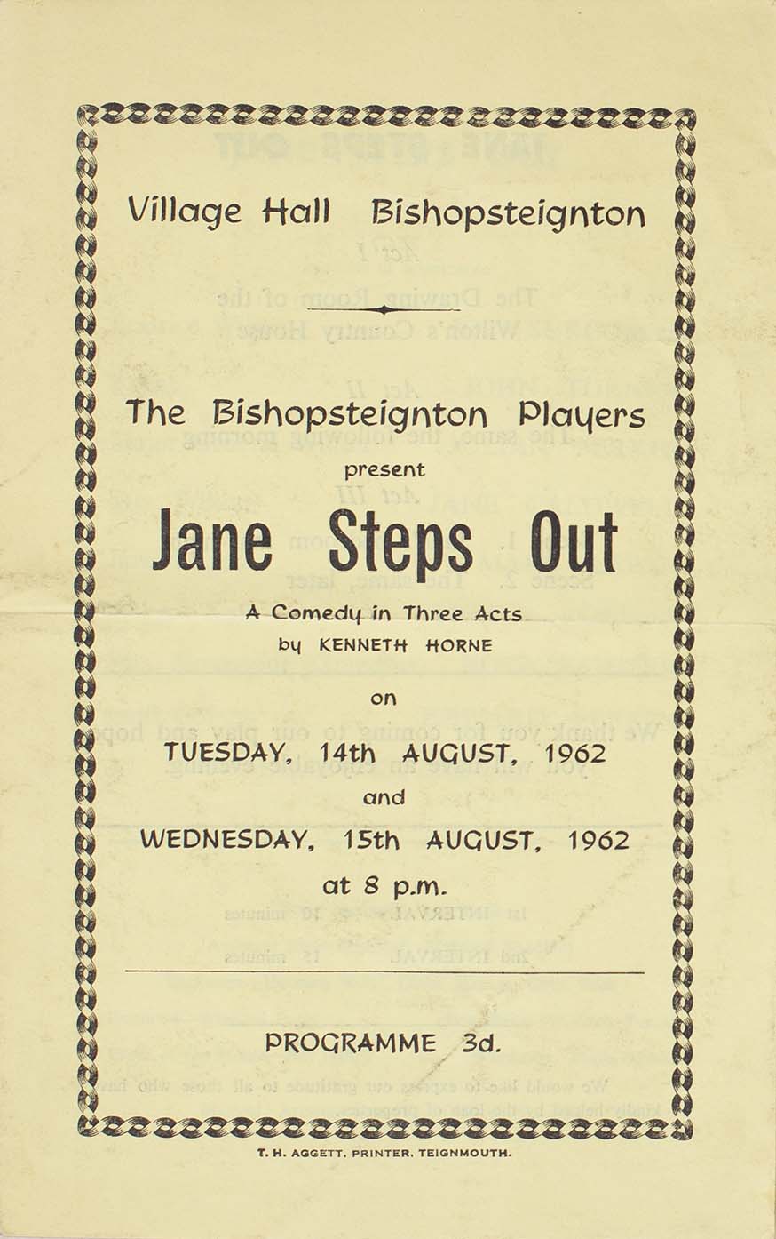 Leaflet to advertise the second programme for this play 'Jane Steps Out' presented by the Bishopsteignton Players August 1962 front