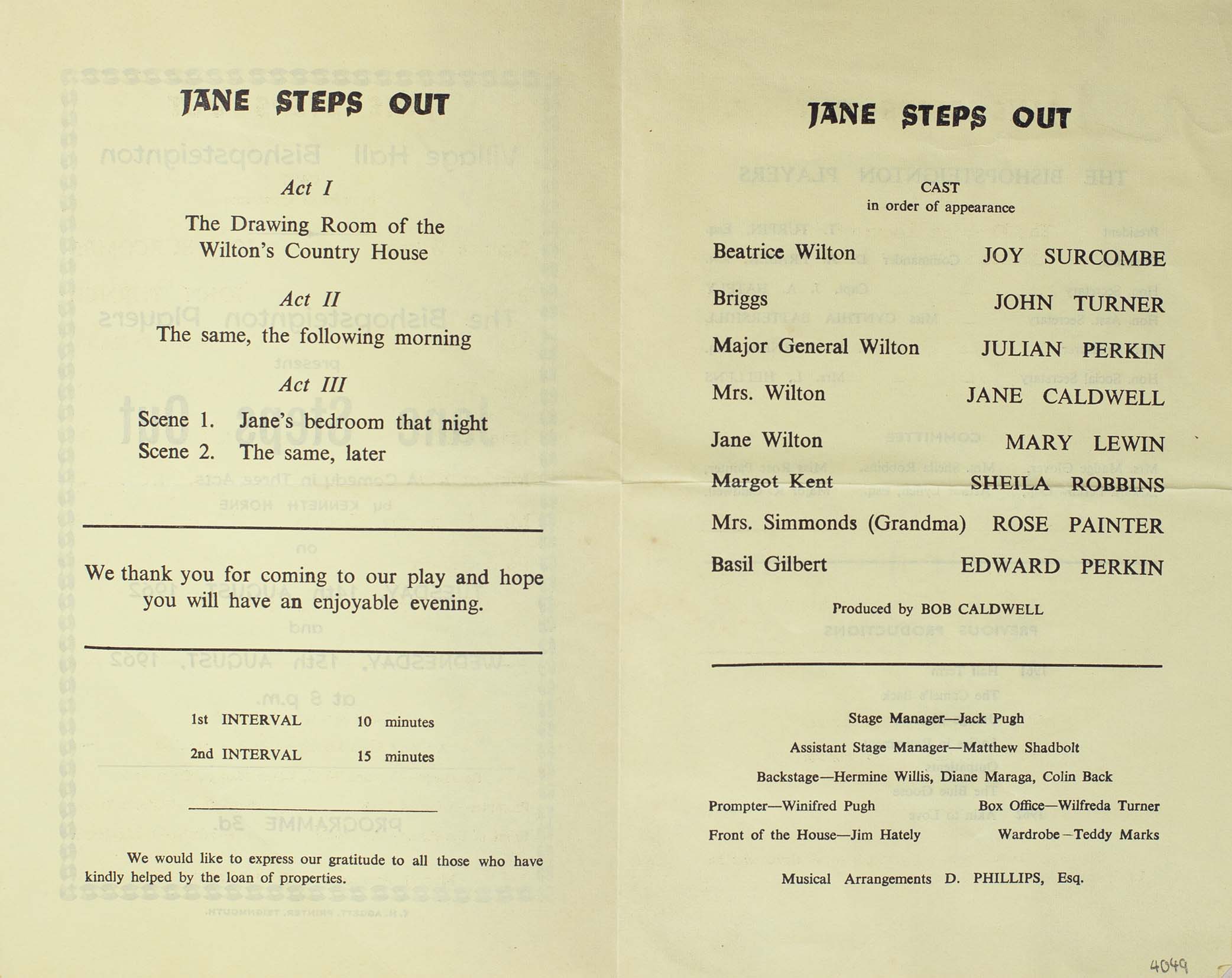 Leaflet to advertise the second programme for this play 'Jane Steps Out' presented by the Bishopsteignton Players August 1962 inside