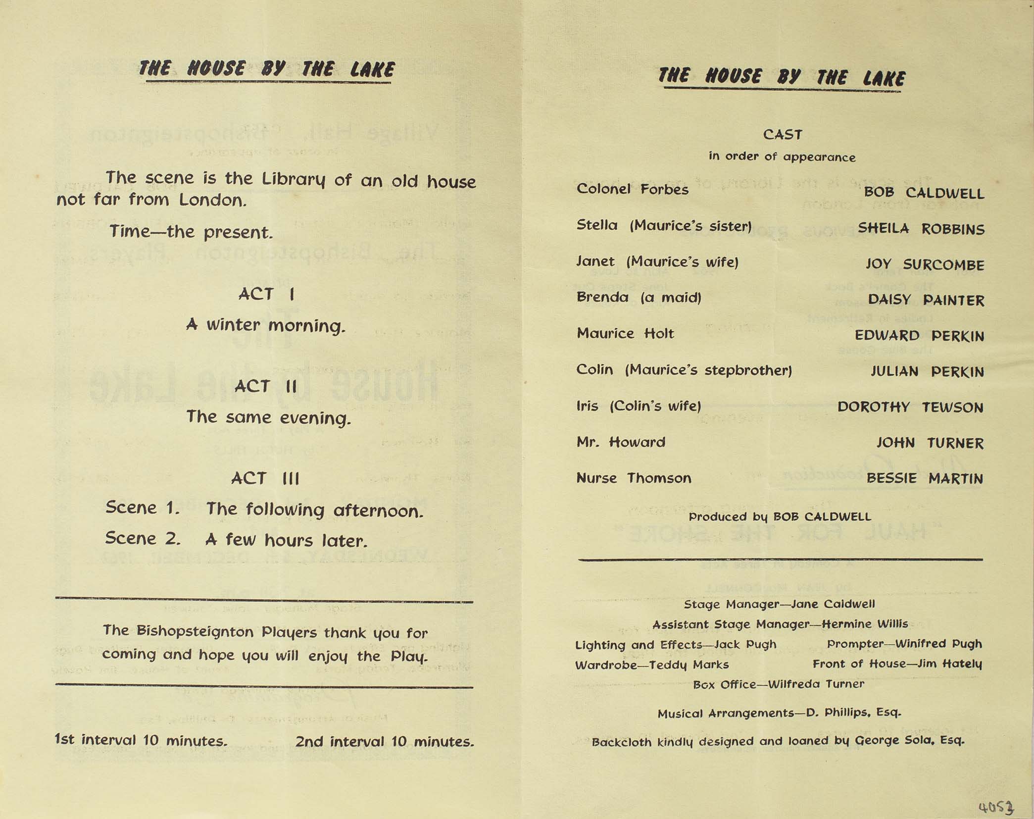 Leaflet to advertise the programme for the play 'The House by the Lake' presented by the Bishopsteignton Players inside