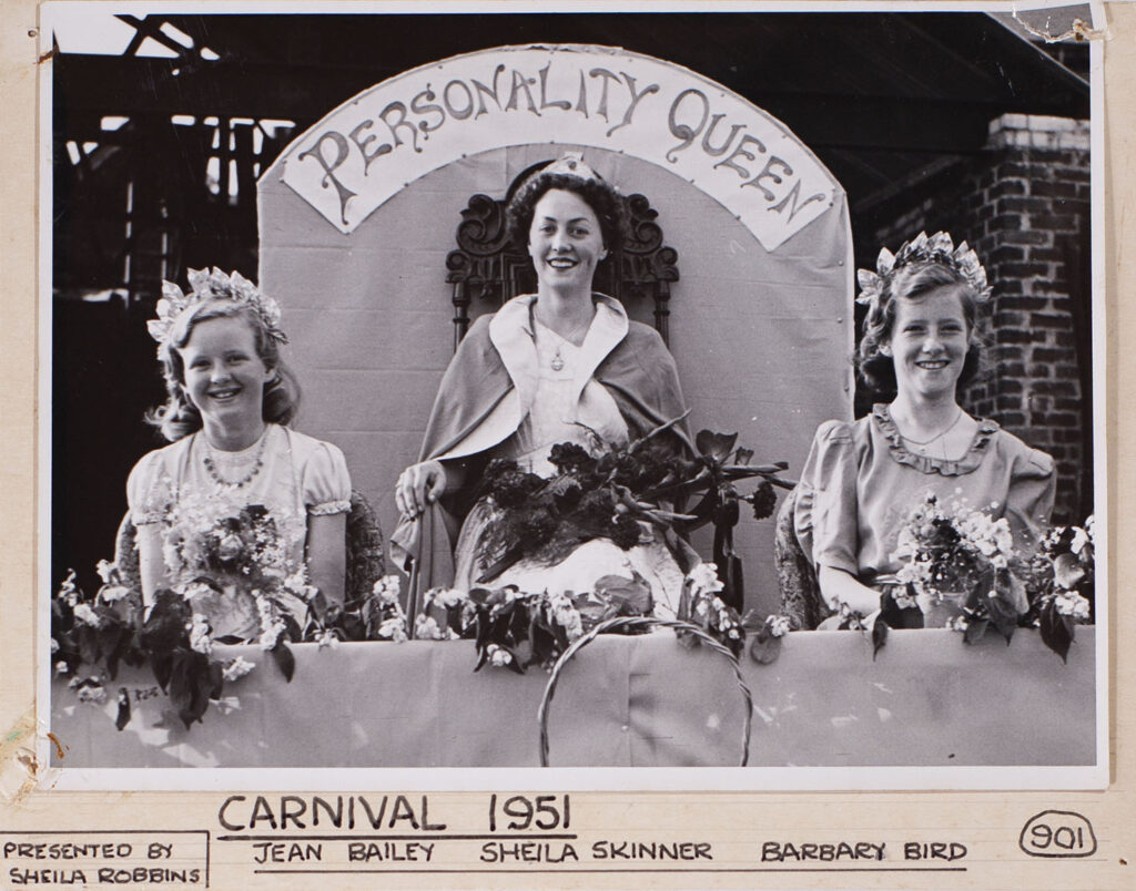 Mounted photograph of Bishopsteignton Carnival 1951 Personality Queen and two others