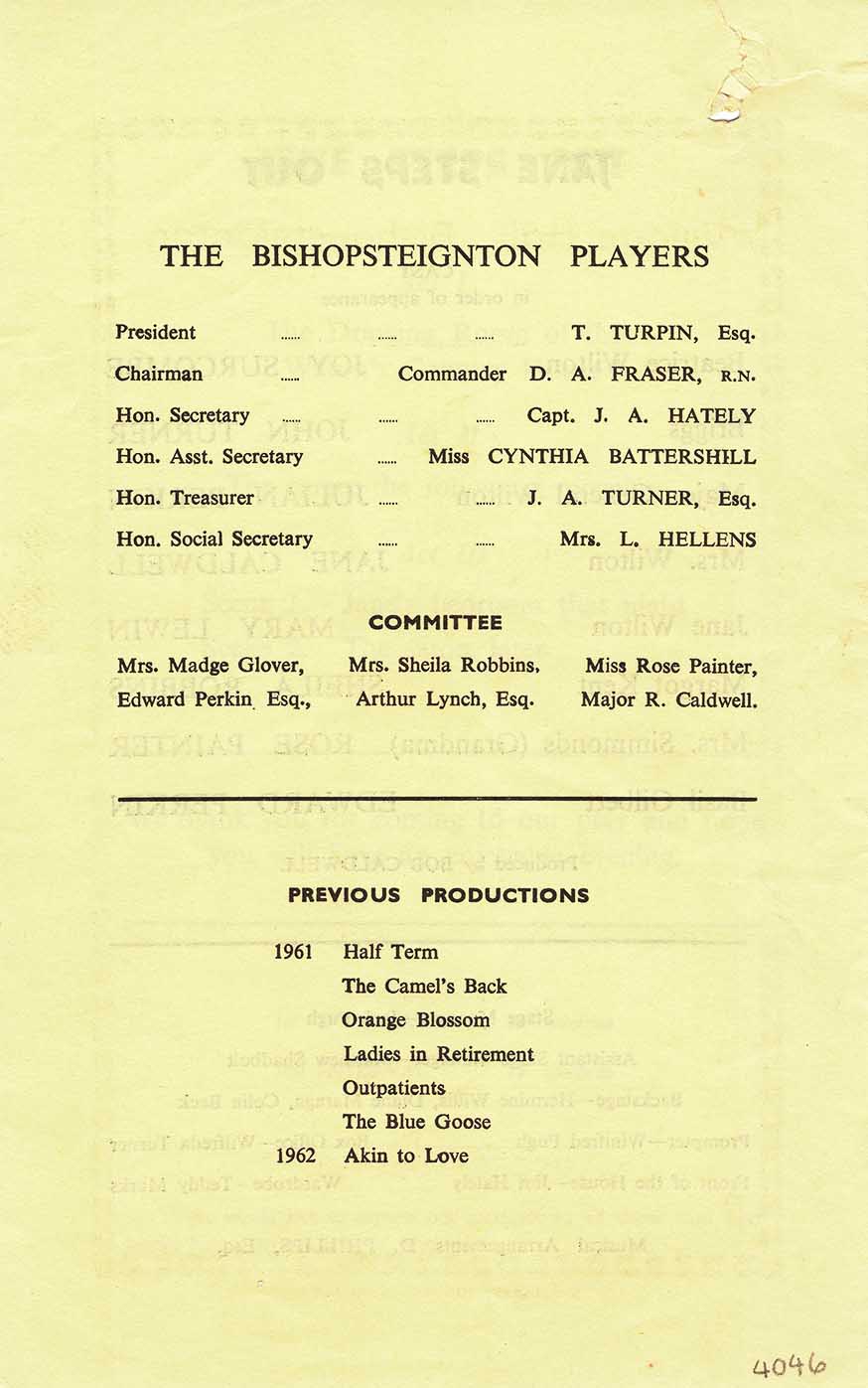 Leaflet to advertise the second programme for this play 'Jane Steps Out' presented by the Bishopsteignton Players August 1962