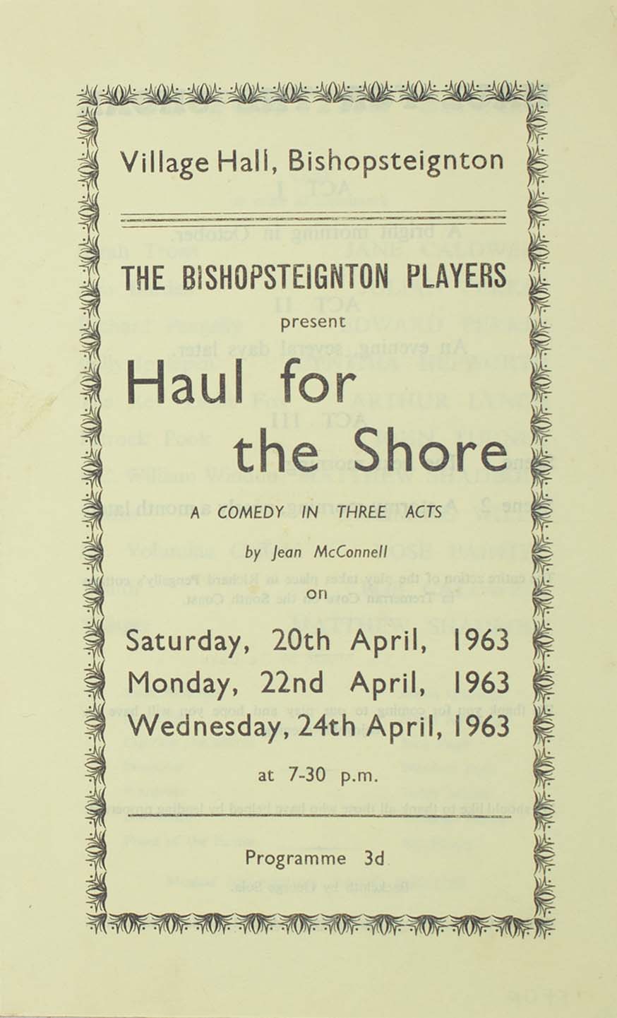 Leaflet to advertise the programme for the play 'Haul for the Shore' presented by the Bishopsteignton Players 1963 front