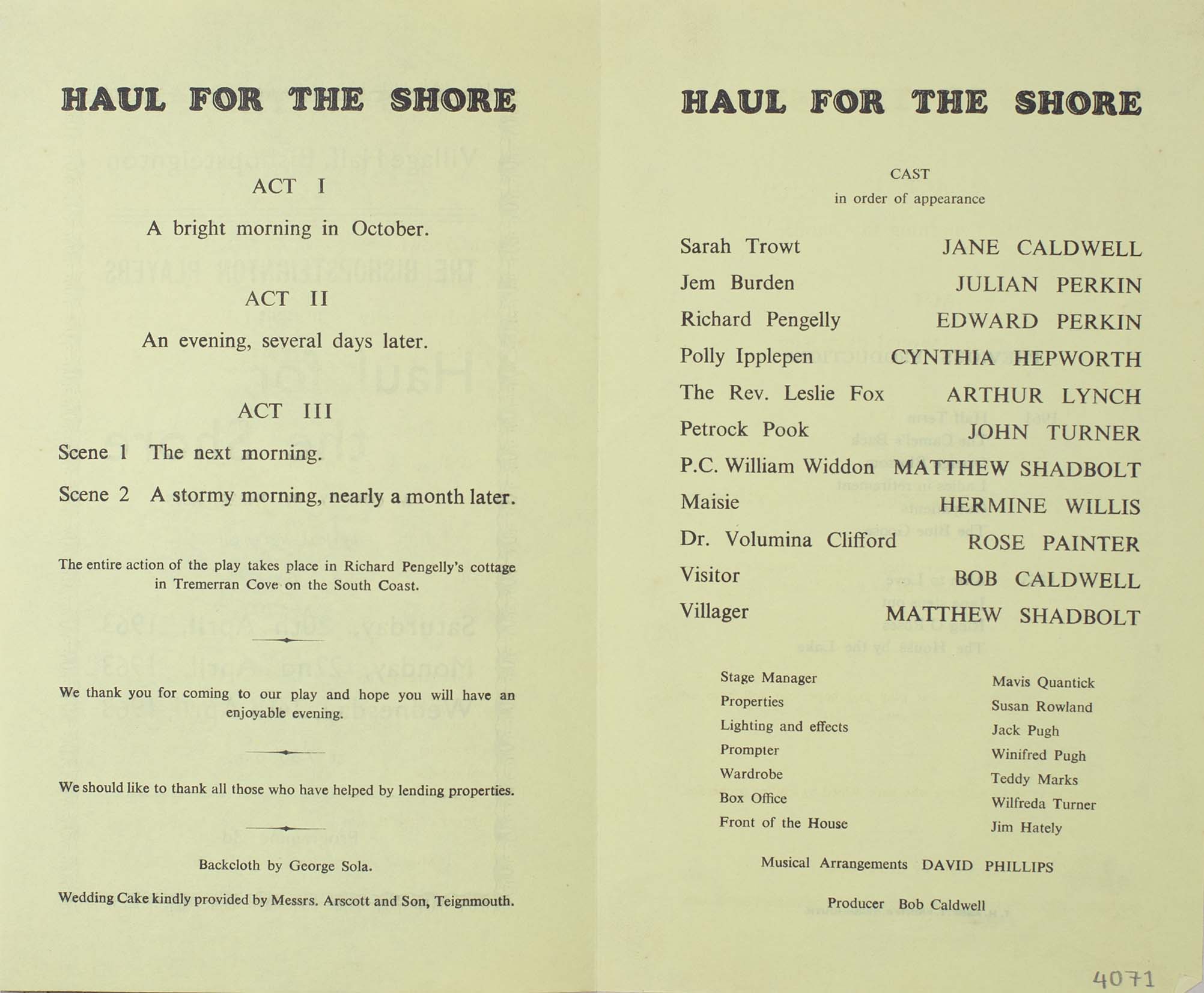 Leaflet to advertise the programme for the play 'Haul for the Shore' presented by the Bishopsteignton Players 1963 inside