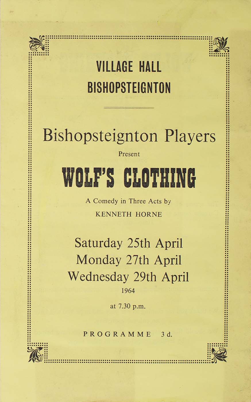 Leaflet to advertise the programme for the play 'Wolf's Clothing' presented by the Bishopsteignton Players front