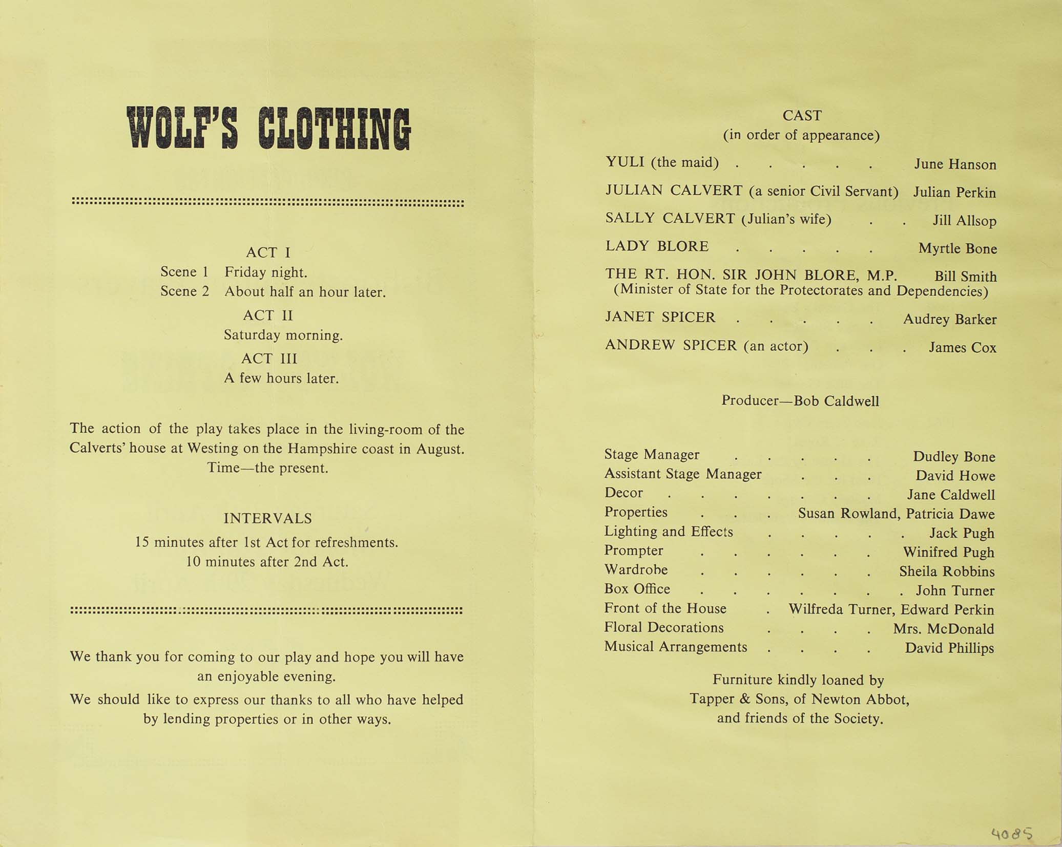 Leaflet to advertise the programme for the play 'Wolf's Clothing' presented by the Bishopsteignton Players inside