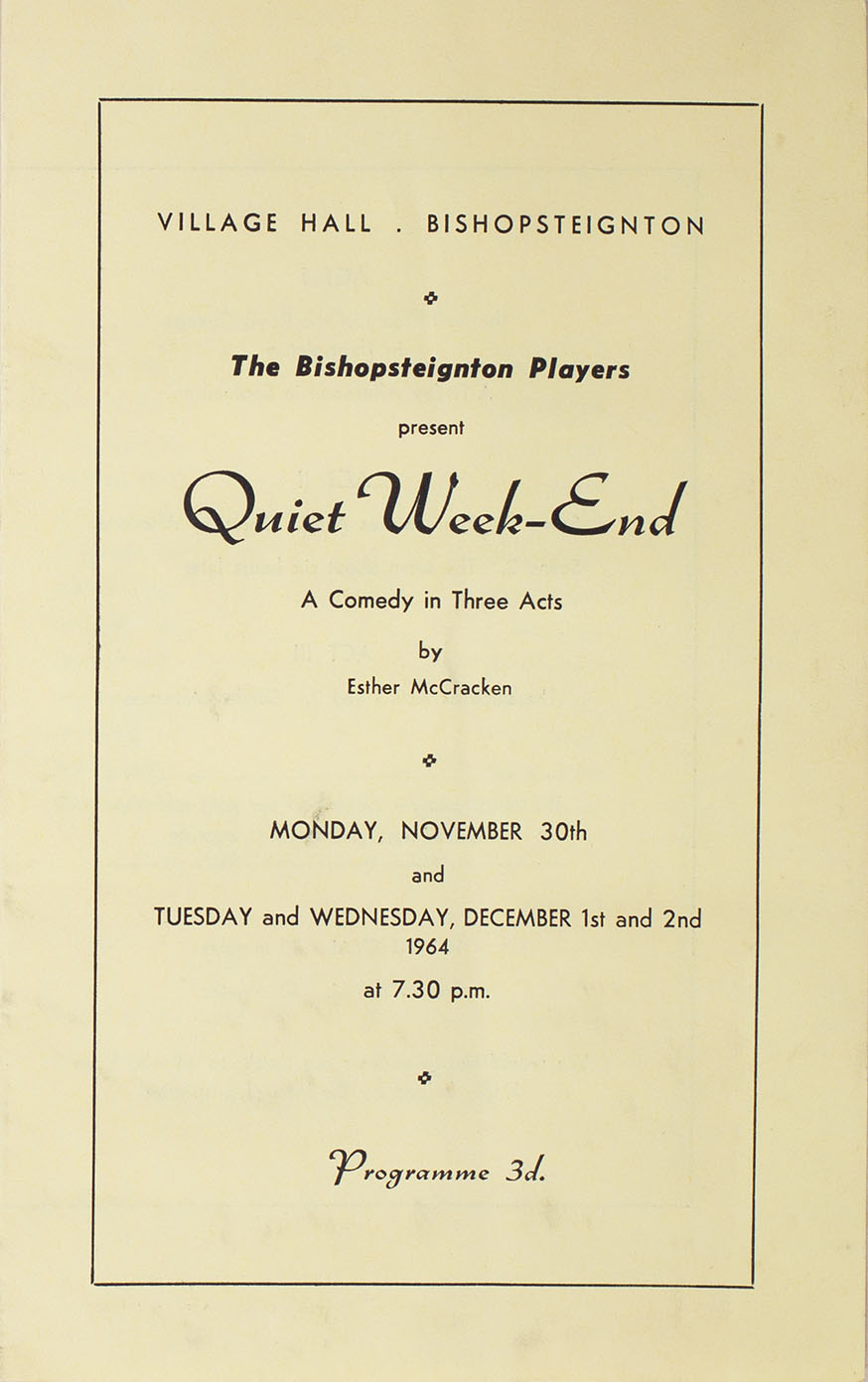 Leaflet to advertise the programme for the play 'Quiet Week-End' presented by Bishopsteignton Players front