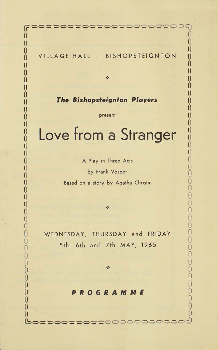 Programme for the play 'Love from a Stranger' presented by the Bishopsteignton Players front