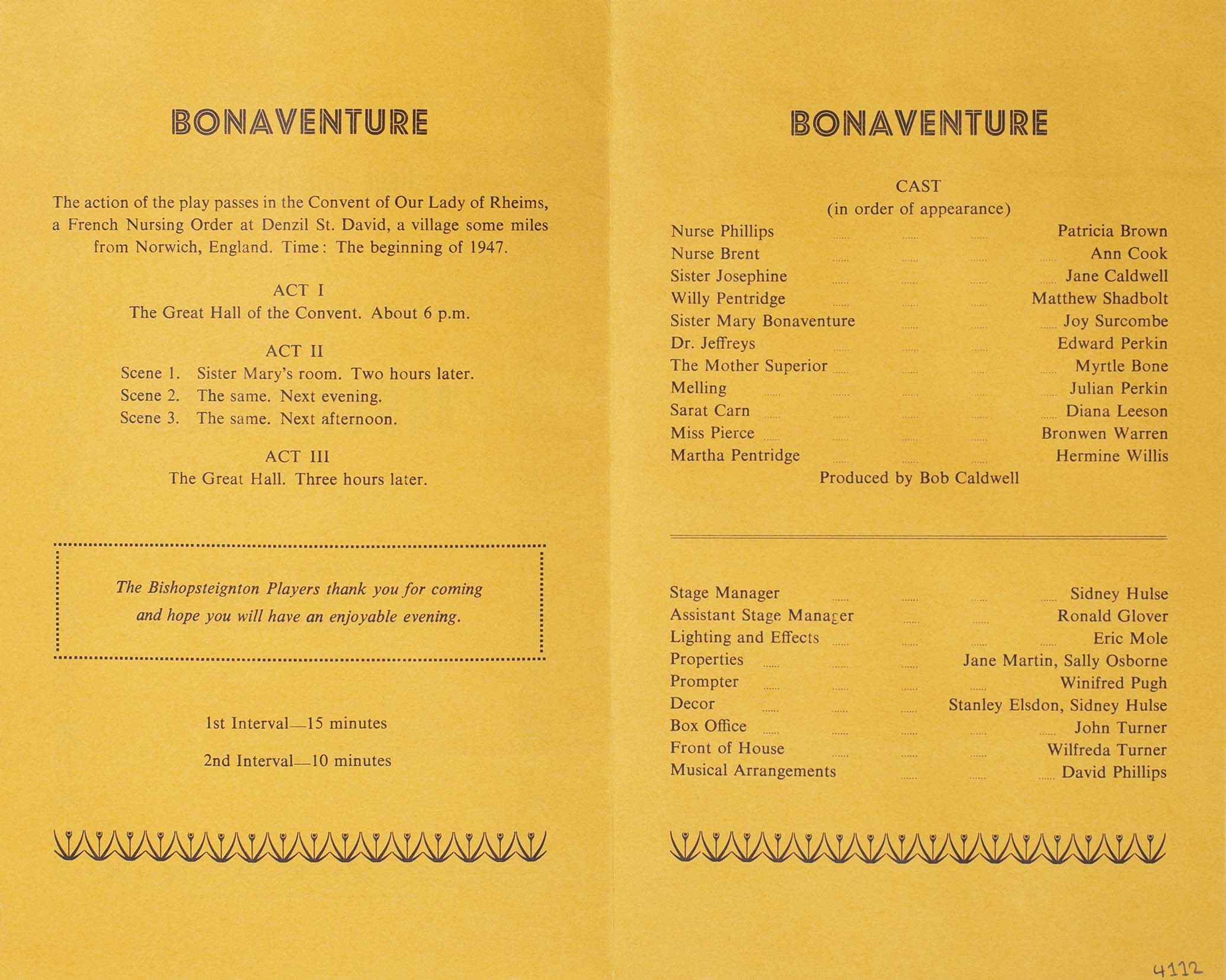 Programme for the play 'Bonaventure' presented by Bishopsteignton Players inside