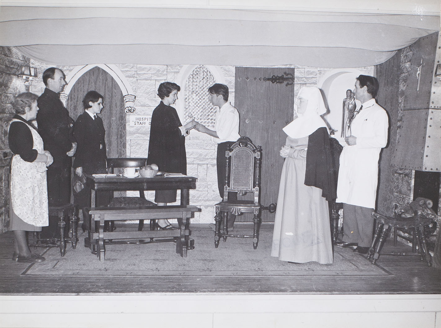 Photograph of the cast in a scene from the play 'Bonaventure' presented by Bishopsteignton Players