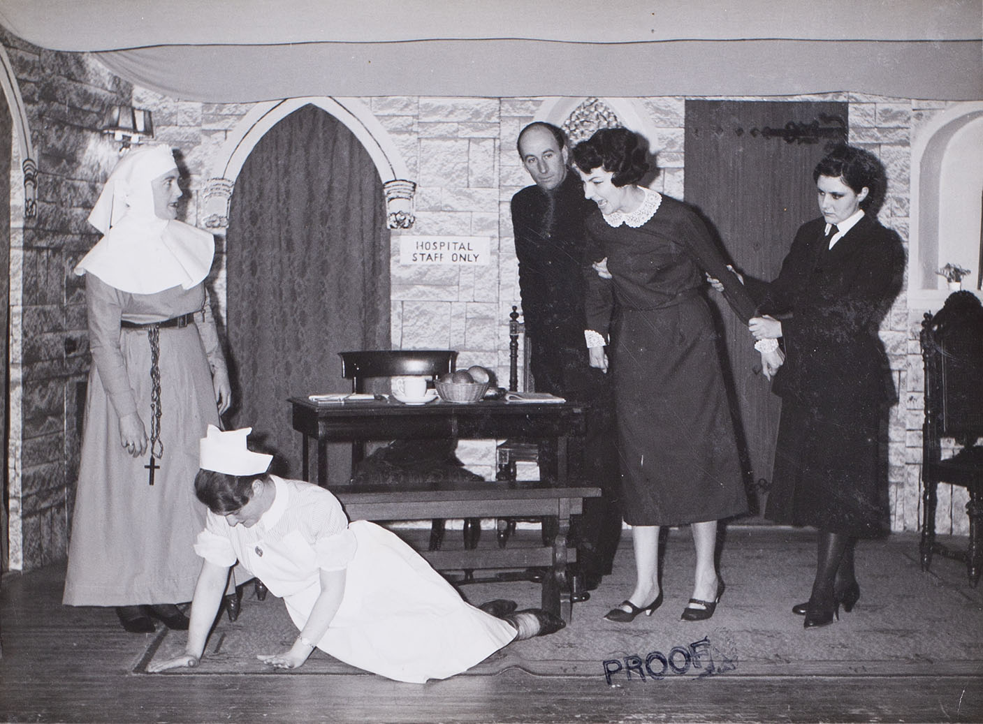 Photograph of the cast in a scene from the play 'Bonaventure' presented by Bishopsteignton Players