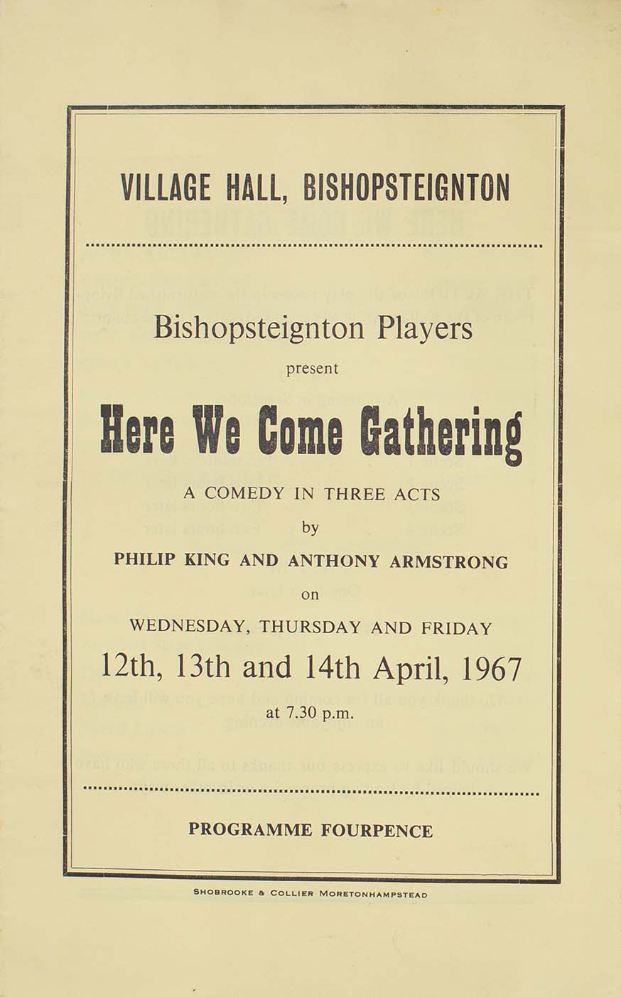 Leaflet to advertise the programme for the play 'Here We Come Gathering' presented by the Bishopsteignton Players front