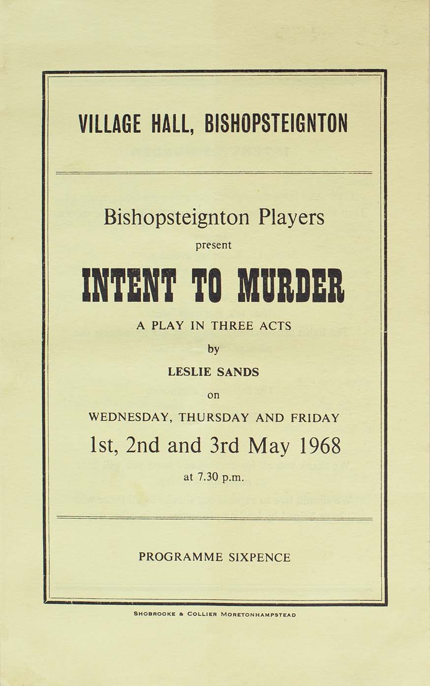 Programme for the play 'Intent to Murder' presented by Bishopsteignton Players front