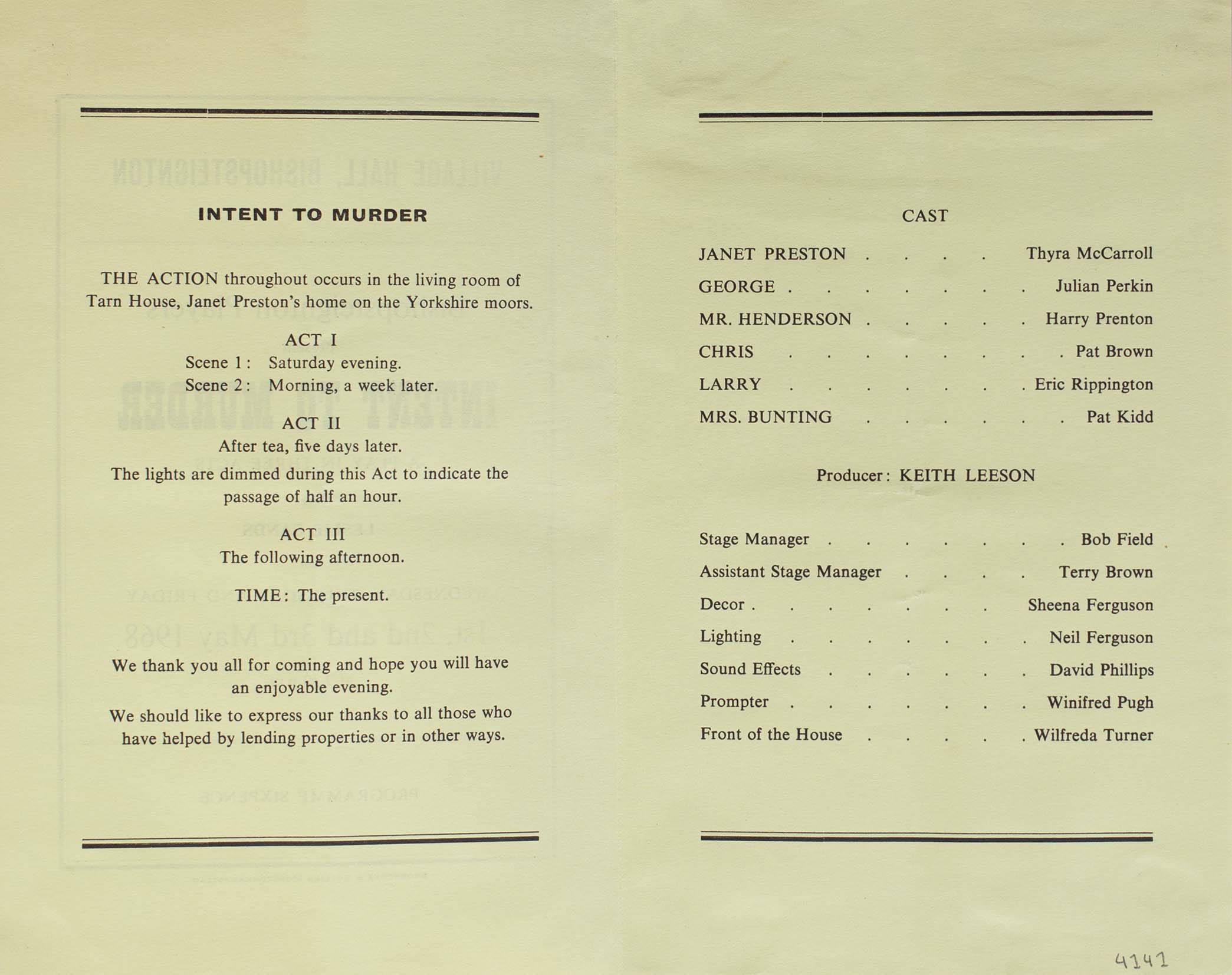 Programme for the play 'Intent to Murder' presented by Bishopsteignton Players inside