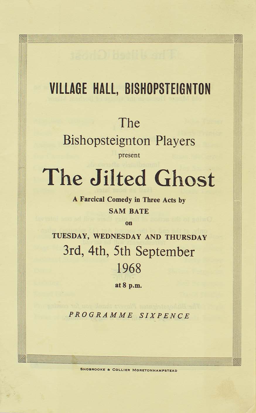 Programme for the play 'The Jilted Ghost' presented by Bishopsteignton Players front