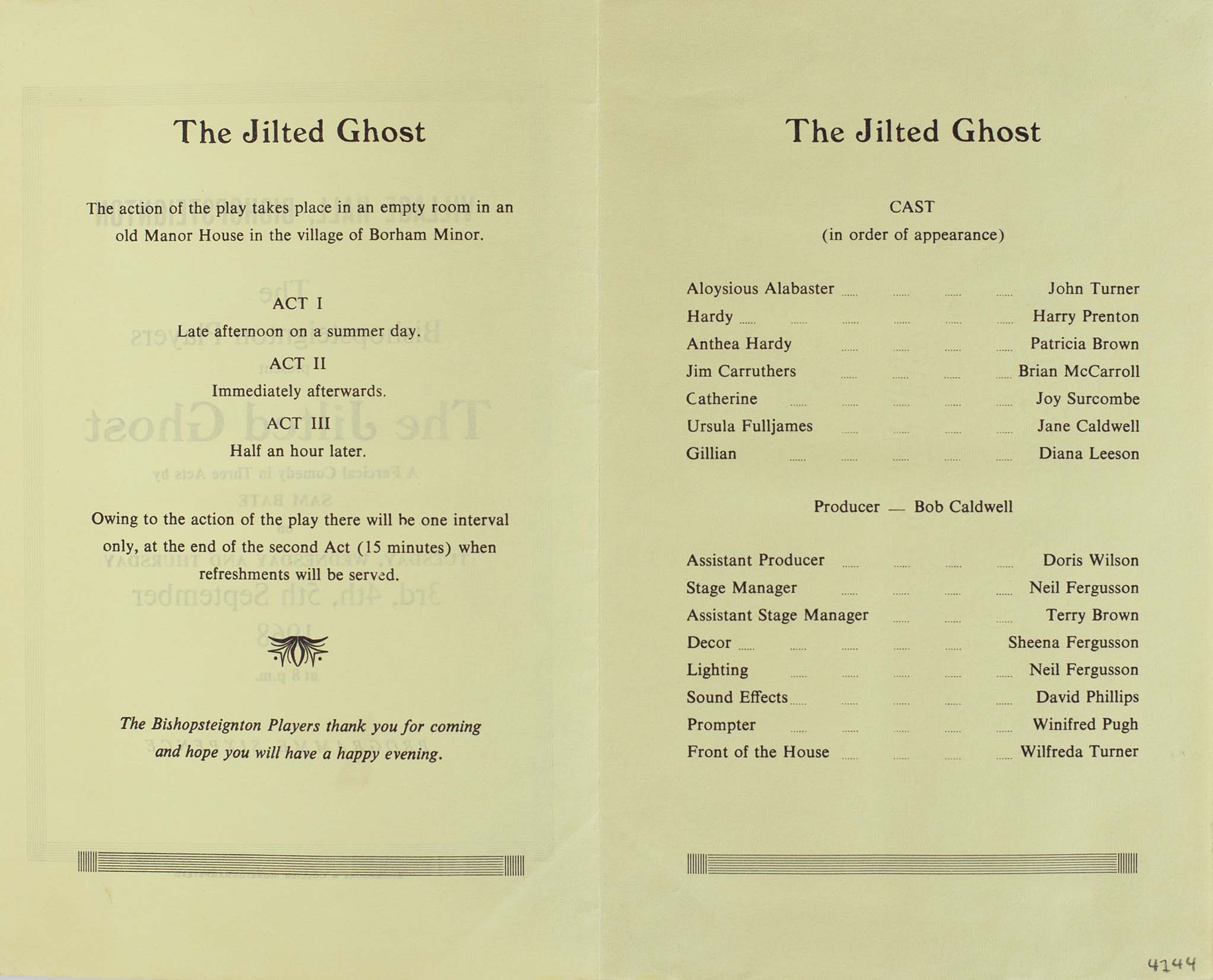 Programme for the play 'The Jilted Ghost' presented by Bishopsteignton Players inside