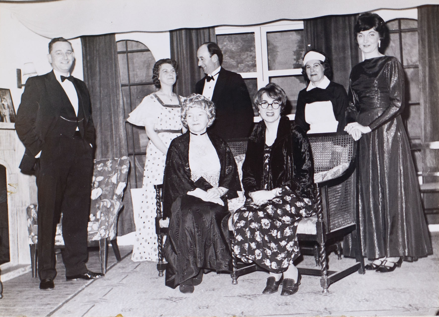 Photograph showing the cast in a scene from the play 'The Haxtons' performed by Bishopsteignton Players