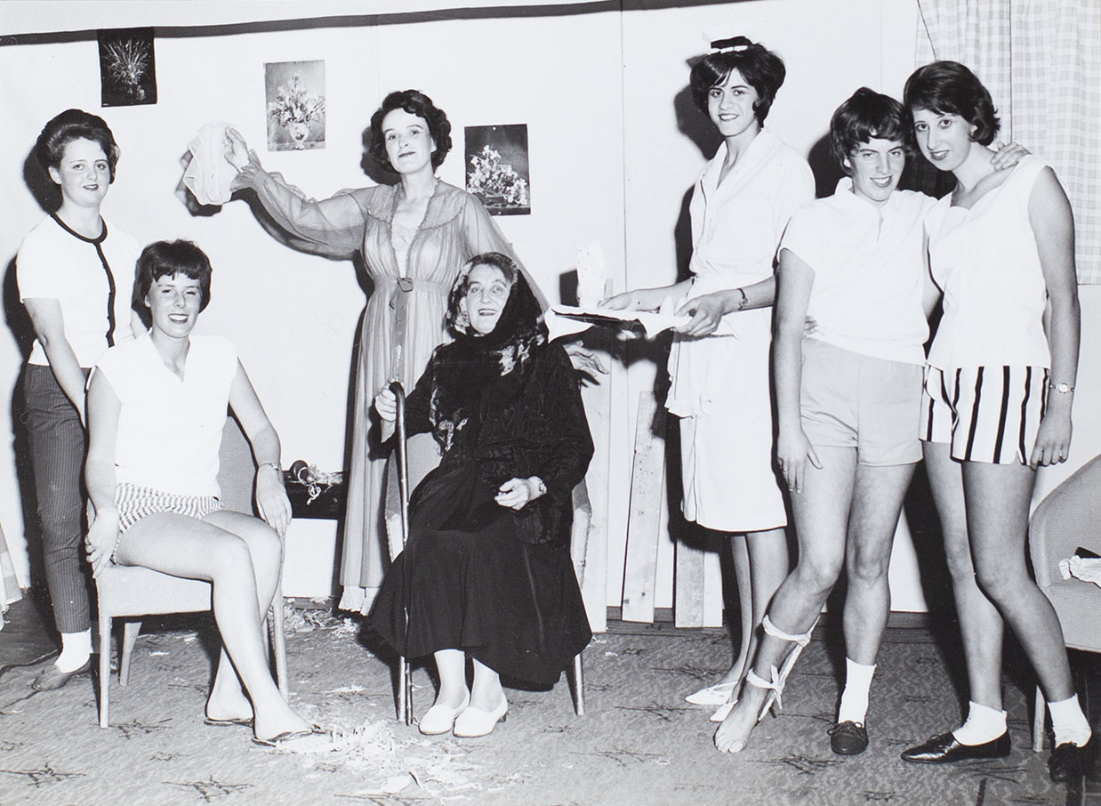 Photograph of actors in a scene from the play 'Mystery Cottage' performed by the Bishopsteignton Players in the 1960s