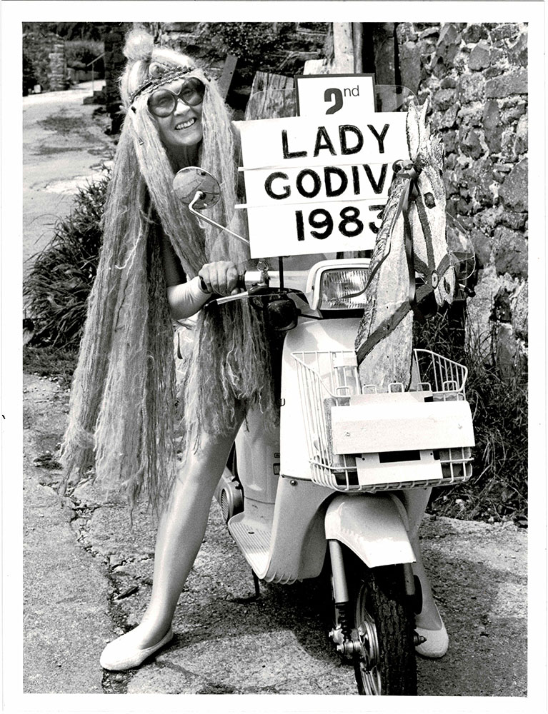 Photograph of Sybil Atkinson as Lady Godiva for Bishopsteignton Carnival 1983