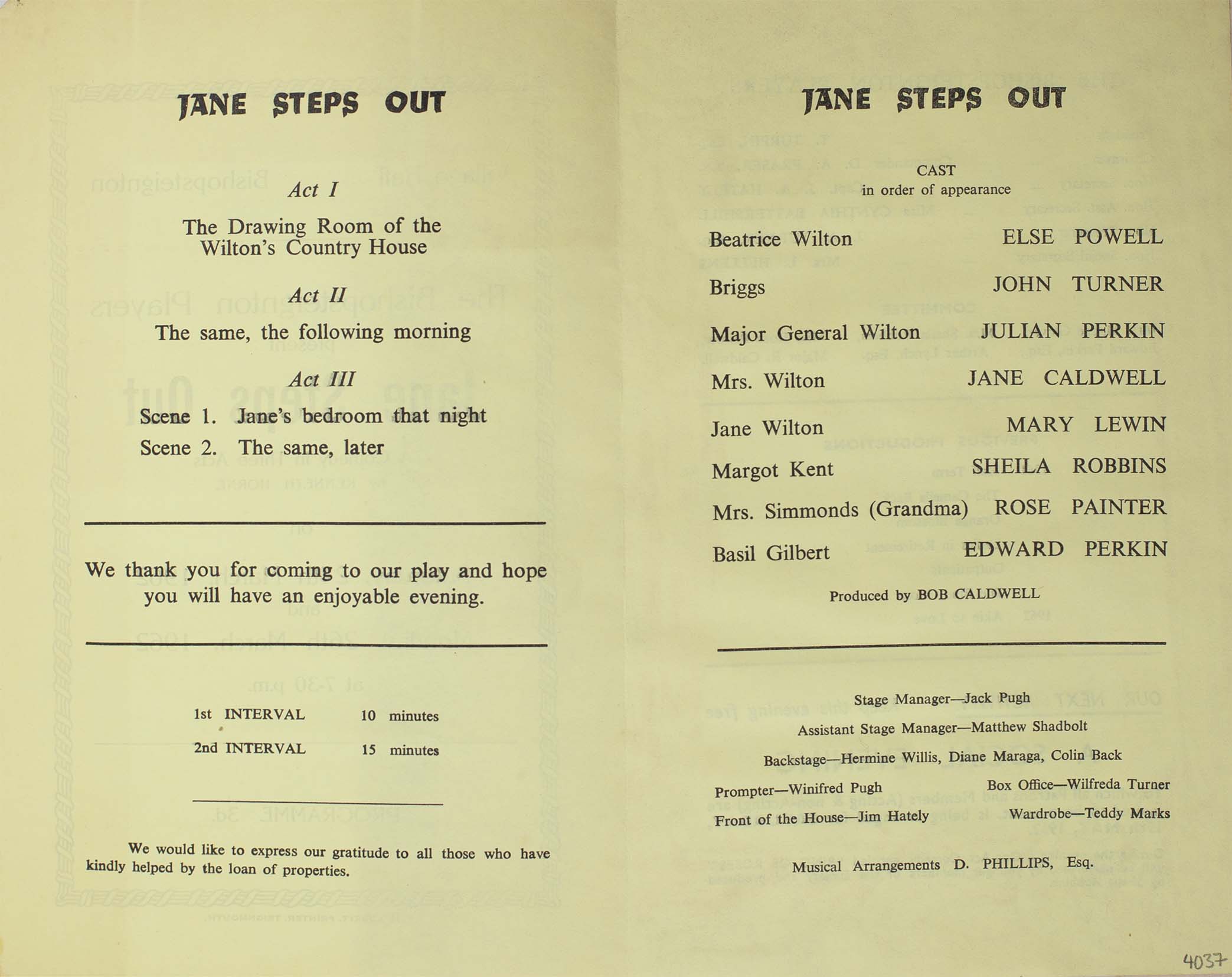 Leaflet to advertise the programme for the play 'Jane Steps Out' presented by the Bishopsteignton Players inside