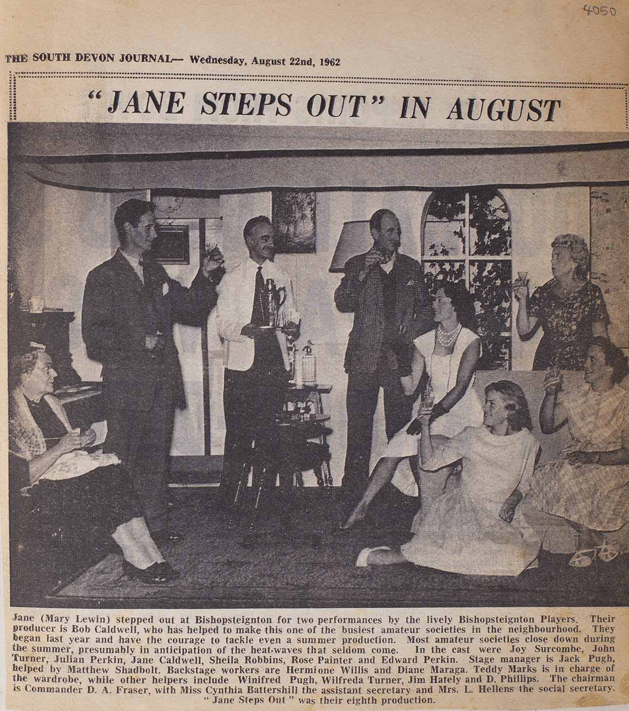 Newspaper clipping including article and picture from The South Devon Journal highlighting the cast members from the play 'Jane Steps Out'